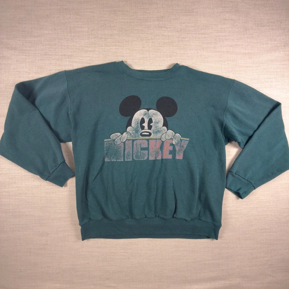 Vintage Mickey Mouse Disney Graphic Sweatshirt Teal Green Pullover Crewneck L